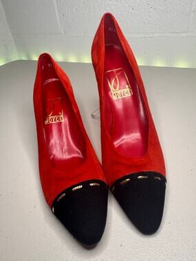 Vintage Joyce Red Black Suede Pumps Women's Size 7N Made in USA